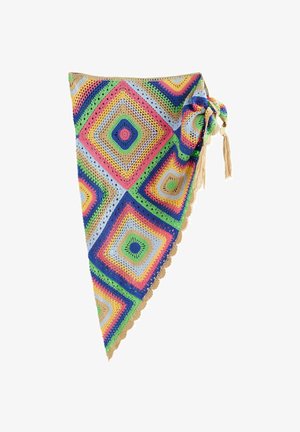 Spalvingas trikampis nertas raištis su rombų raštais žalia, rožine, mėlyna, geltona ir smėlio spalvomis, viename kampe papuoštas kutais.