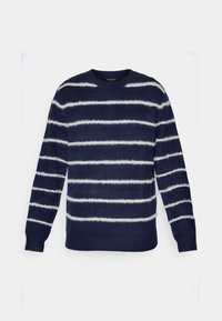 Mörkblå tröja med vita fluffiga ränder, rundad halsringning, långa ärmar, strukturerad tygkvalitet samt ribbade ärmslut och nederkant.