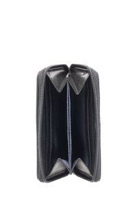 Black zipper wallet with a structured design, featuring two compartments lined in dark fabric and reinforced corners. Smooth leather texture.