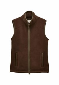 Hnedý fleecový vest s vysokým golierom, predným zipsom a dvoma bočnými vreckami. Obsahuje kontrastný lem na zips a diskrétne logo na hrudi.