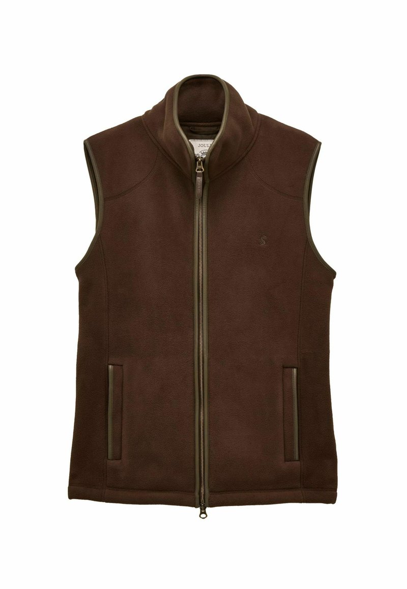 Hnedý fleecový vest s vysokým golierom, predným zipsom a dvoma bočnými vreckami. Obsahuje kontrastný lem na zips a diskrétne logo na hrudi.