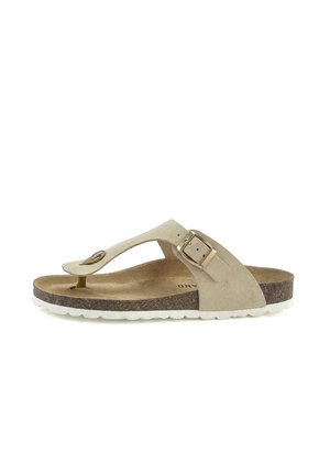 Beige suede thong sandal with adjustable buckle strap, contoured cork footbed, and white rubber sole.