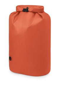 Borsa impermeabile arancione con chiusura a rotolo, fibbia nera, superficie testurizzata e clip laterale per il fissaggio.