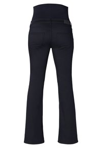 Uttillverkade i mörkblå flare-jeans med hög midja, gjorda av stretchig denim, med två bakfickor och en slät yta.