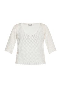 Weißer gestrickter Pullover mit V-Ausschnitt, kurzen Ärmeln und gewellten Kanten. Verfügt über ein Rautenmuster und strukturierte Stoffoberfläche.