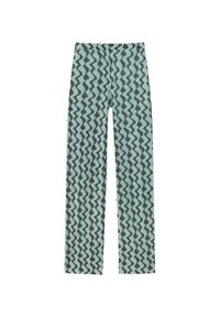 Patterned trousers featuring a zigzag design in teal and dark gray, made from a soft fabric. Straight-leg silhouette with a high waist.