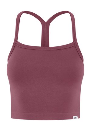 Sleeveless mauve crop top with thin straps forming a Y-back design, ribbed hem, and small white tag at the bottom right.