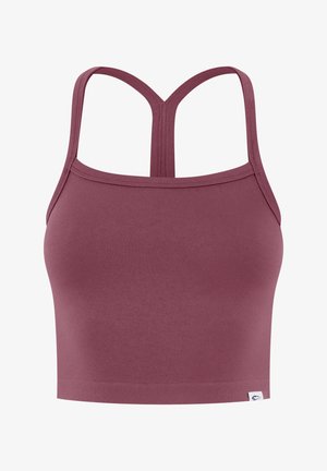Crop top senza maniche color malva con sottili spalline che formano un design a Y sulla schiena, orlo a coste e piccola etichetta bianca in basso a destra.