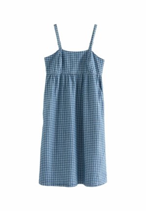 Blauses Gingham-Kleid mit verstellbaren Spaghettiträgern, gerafftem Oberteil und lockerer Passform. Hergestellt aus leichtem Stoff, knielanger Schnitt.