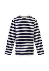 Langärmliges gestreiftes Hemd mit marineblauen und cremefarbenen horizontalen Streifen, rundem Ausschnitt und weichem Baumwollstoff. Keine weiteren Details.