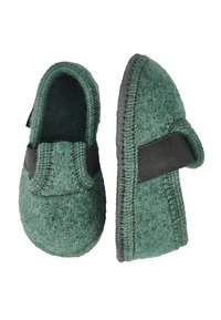 Groene vilten slippers met een zwarte elastische band en een textuurzool. Voorzien van een ronde neus en gestikte randen voor duurzaamheid.