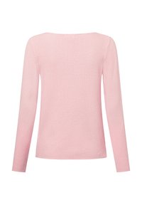 Rosa Langarmpullover mit strukturiertem Strickdesign. Verfügt über einen quadratischen Ausschnitt und einen geraden Schnitt, der für eine lockere Passform entworfen wurde.