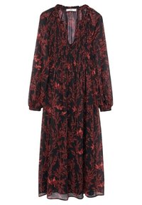 Black dress with long sleeves, v-neck, and smocked bodice. Features a floral red print and flowing silhouette, knee-length hem, and sheer texture.