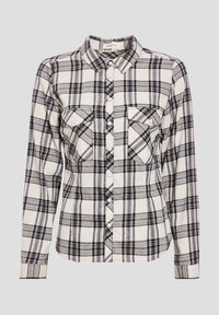 Chemise à manches longues avec col, en motif à carreaux noir et blanc, comprenant deux poches poitrine et une fermeture à boutons sur le devant. Texture de tissu douce.
