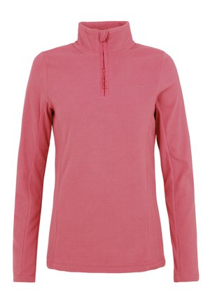 Pullover in pile di un vivace rosa, con colletto alto, zip frontale parziale e discreto dettaglio del logo sul petto. Tessuto morbido e strutturato.
