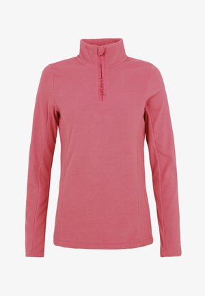 Fleece pullover in bright pink, featuring a high collar, partial front zipper, and subtle logo detail on the chest. Soft, textured fabric.
