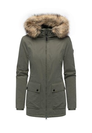 Veste parka kaki avec capuche en fausse fourrure, fermeture éclair avant, deux grandes poches plaquées et poignets côtelés. Texture lisse et design épuré.