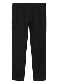 Pantalon noir à jambes droites avec bouton et fermeture éclair à l'avant, poches latérales et passants pour ceinture.