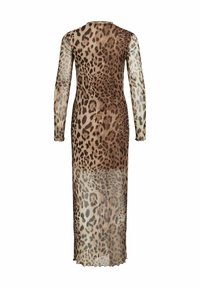 Lång genomskinlig klänning med brunt och beige leopardskinnsmönster, långa ärmar och en kroppsnära silhuett, sedd bakifrån mot en vit bakgrund.