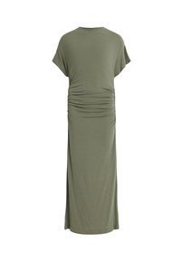 Robe longue verte olive à manches courtes avec fronces rassemblées à la taille et col rond, présentée sur un fond blanc uni.