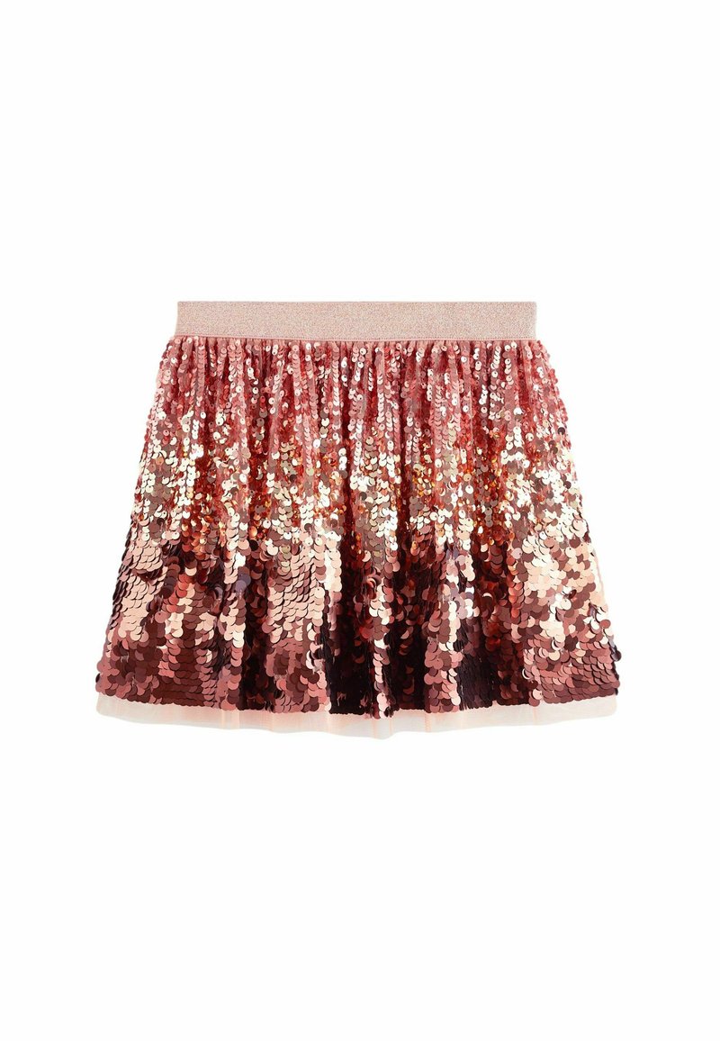 Paillettenrock in verschiedenen Pink- und Roségoldtönen mit einem taillierten Bund, schwingendem Saum und schimmernder Oberflächenstruktur.