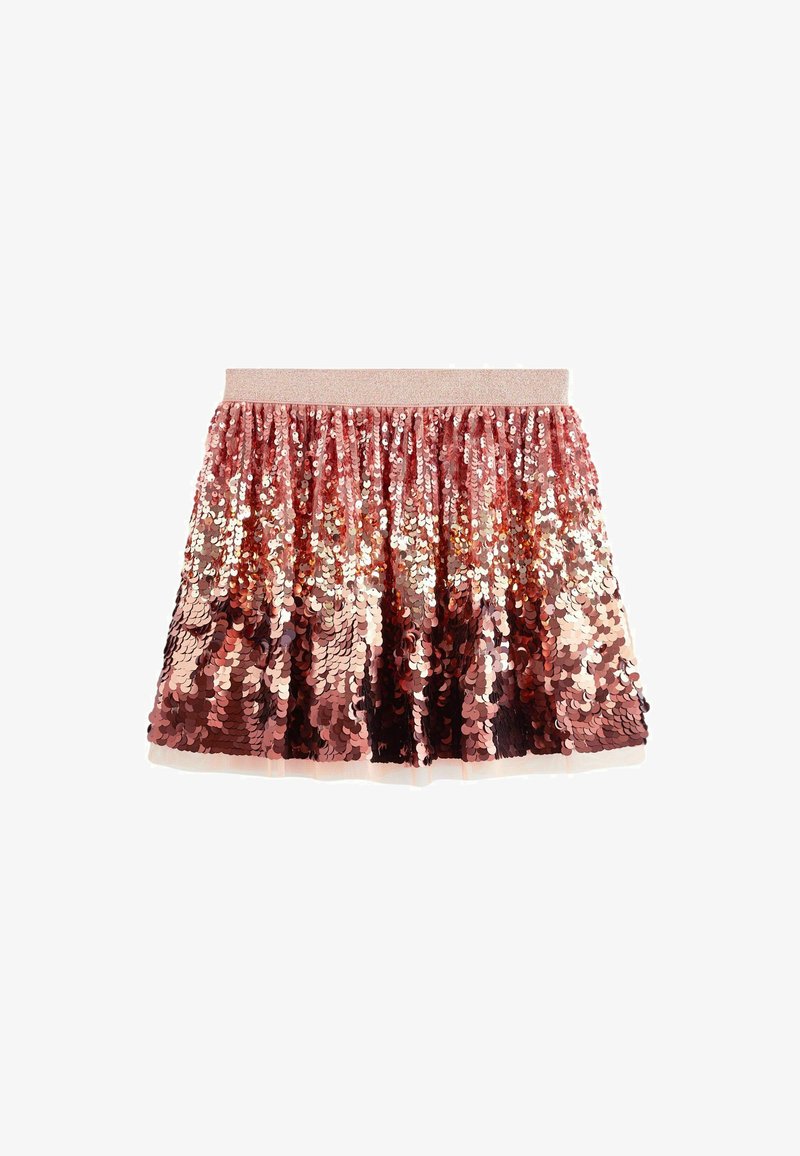 Sequin skirt in shades of pink and rose gold, featuring a fitted waistband, flared hem, and shimmering surface texture.