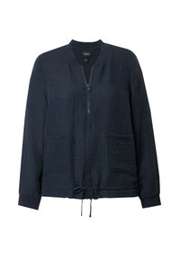 Giacca bomber navy con texture arricciata, chiusura con zip, due tasche frontali e orlo regolabile con cordino. Polsini e colletto a costine.