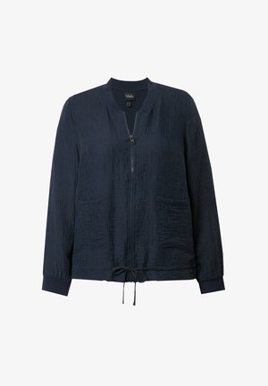 Marine bomberjakke med en krøllet tekstur, lynlås lukning, to forlommer og justerbar snor i kanten. Ribstrikkede manchetter og krave.