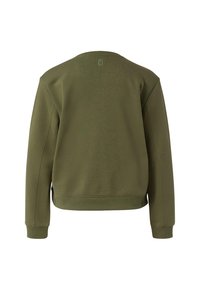 Zielona oliwkowa bluza z okrągłym dekoltem, ściągaczami na końcach rękawów i na dole, wykonana z miękkiego materiału. Na plecach subtelne nadrukowane logo.