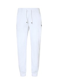Pantaloni jogger bianchi realizzati in morbido cotone, con vita regolabile mediante cordino, polsini aderenti e un piccolo logo laterale.