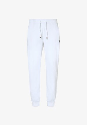 Pantaloni jogger bianchi realizzati in morbido cotone, con vita regolabile mediante cordino, polsini aderenti e un piccolo logo laterale.