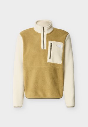 Herre fleecegenser med halv glidelås, beige kropp, kremfargede ermer og glidelåslomme på venstre bryst.