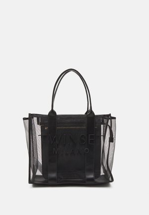 Sac tote transparent noir avec deux poignées et une pochette intérieure zippée, avec l'inscription "Twinset Milano" embossée à l'avant.