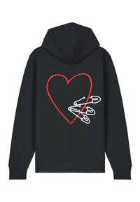 Felpa nera con cappuccio, caratterizzata da un grande cuore ricamato di rosso e spille da balia bianche, con un fit rilassato. Materiale in cotone morbido.