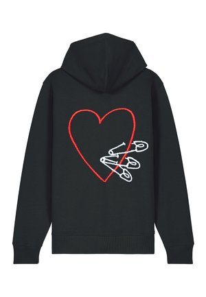 Felpa nera con cappuccio, caratterizzata da un grande cuore ricamato di rosso e spille da balia bianche, con un fit rilassato. Materiale in cotone morbido.