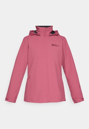 Roze waterproof jack met een hoge kraag, verstelbare capuchon en ritszakken aan de zijkanten. Bevat een logo op de borst en elastische manchetten.