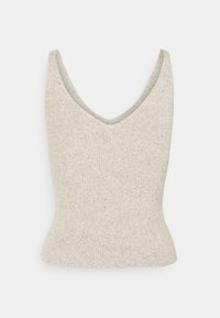 Beige gebreide tanktop met een diepe V-hals. Heeft een geribbelde textuur en een getailleerd silhouet. Gladde binnenvoering met een lichte glans.
