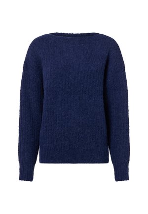 Pull en bleu marine, tricot texturé, décolleté large, manches longues, coupe décontractée, matériau doux, bords côtelés.