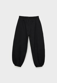 Zwarte sweatpants met een ontspannen pasvorm, elastische tailleband en gathered enkels. Inclusief zijzakken en een zachte stof textuur.
