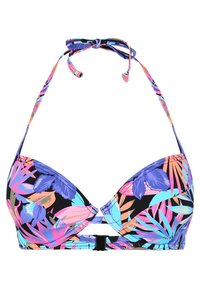 Tropical print bikini top with black background, featuring vibrant pink, blue, and green leaves. Halter neck design with adjustable tie.