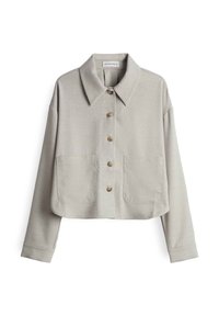 Gekürzte, hellgraue Jacke aus weichem Stoff. Verfügt über einen spitzen Kragen, eine Vorderknopfleiste und zwei große aufgesetzte Taschen.