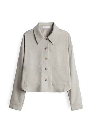 Veste grise clair coupée, en tissu doux. Dotée d'un col pointu, d'une fermeture à boutons sur le devant et de deux grandes poches à rabat.