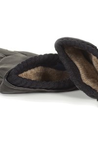 Läderhandskar i mörkgrått med en stickad foder i svart och beige. Har en slät utsida och ett mysigt, texturerat innertyg.