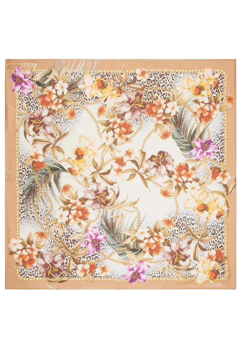 Foulard quadrato in seta con motivi floreali e fogliari in tonalità di arancione, viola e bianco sporco, arricchito da un accento in catena dorata e un bordo con stampa animale.