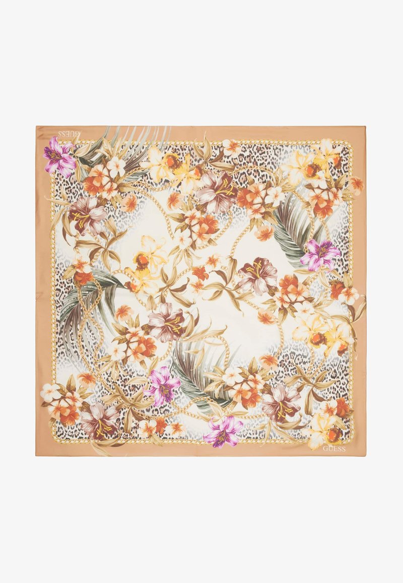 Foulard quadrato in seta con motivi floreali e fogliari in tonalità di arancione, viola e bianco sporco, arricchito da un accento in catena dorata e un bordo con stampa animale.