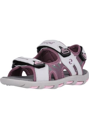 Weiße und rosa Kindersandalen mit Klettverschlüssen, offenes Zehendesign, strukturierte graue Innensohle und flexible Gummisohle mit Ausschnitten.