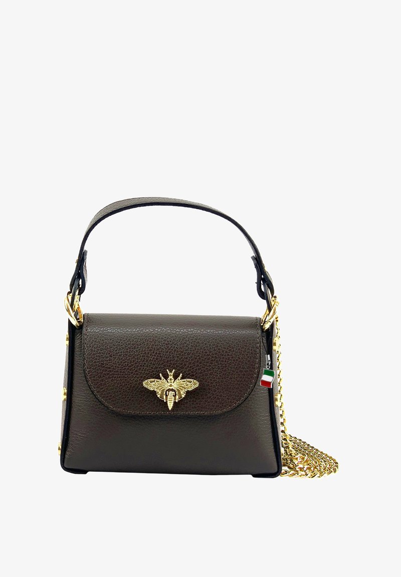 Brown leather handbag with a gold bee emblem, chain strap, and Italian flag detail. Structured design with a textured finish.