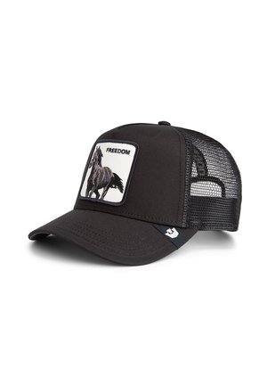 Black trucker hat with mesh back, embroidered horse design on front patch, and “FREEDOM” text. Curved brim and adjustable snapback closure.