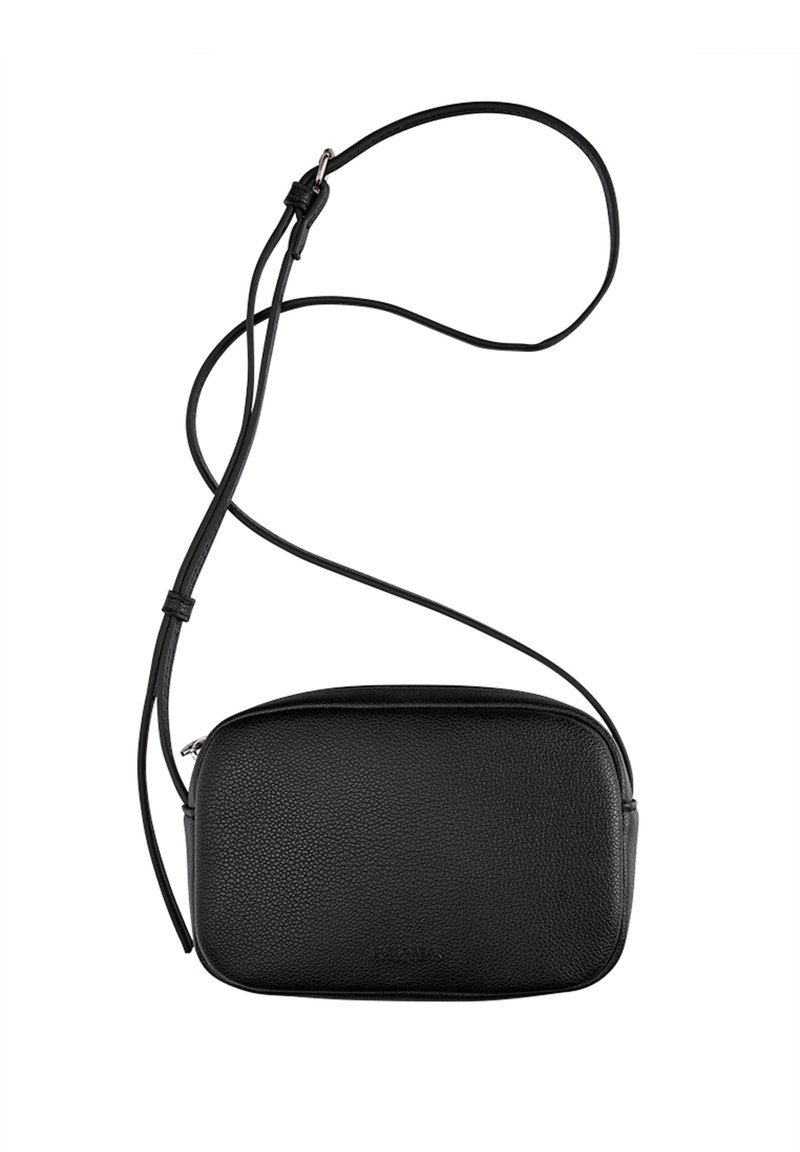Sac bandoulière en cuir noir texturé avec bords arrondis et bandoulière fine réglable, présenté sur fond blanc.