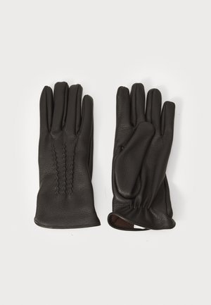 Black leather gloves with a textured surface, featuring reinforced stitching detailed on the back and snug wrist openings.